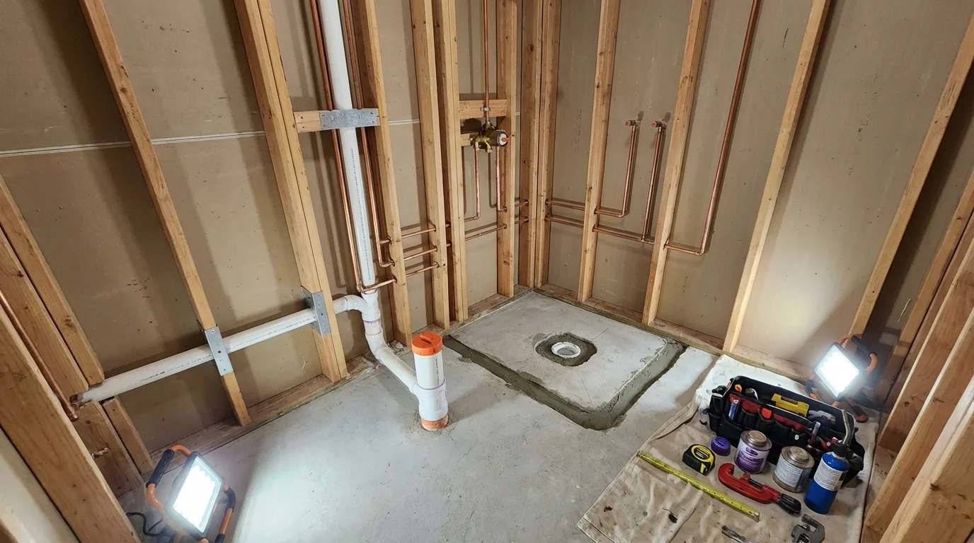 Bathroom rough-in plumbing during remodel by Johns Plumbing LLC in Teaneck