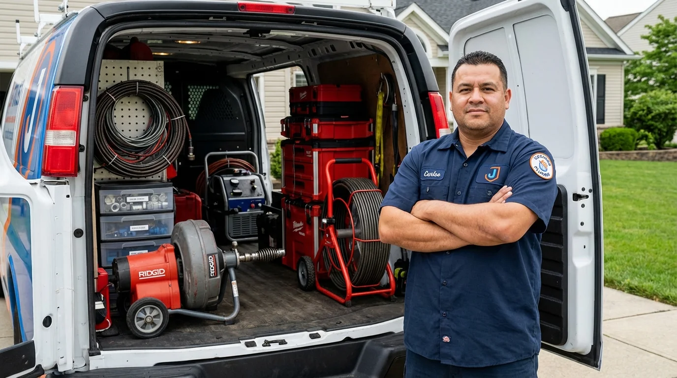 Professional drain cleaning equipment and Johns Plumbing LLC plumber in Teaneck
