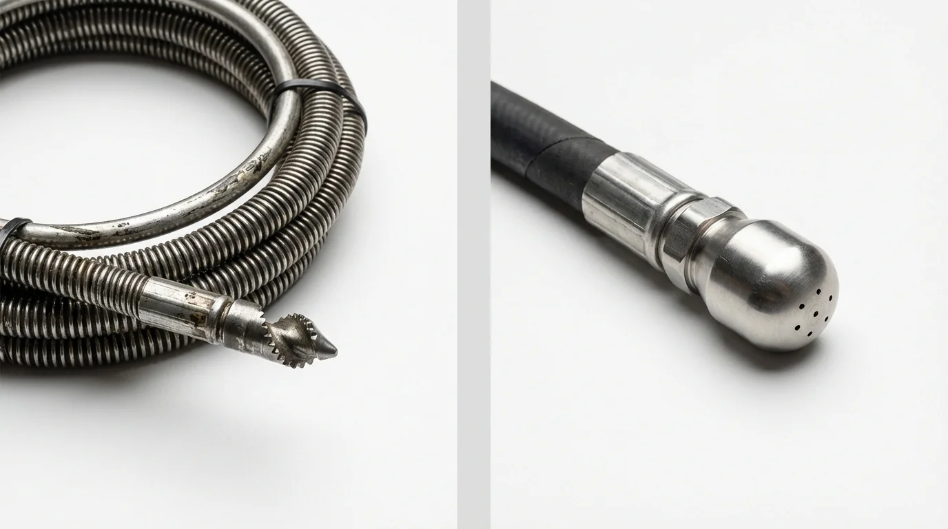 Drain snake cable and hydro jetting nozzle used for drain cleaning in Teaneck, NJ