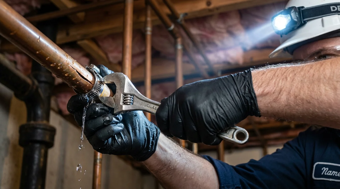Emergency pipe clamp repair being performed by a Johns Plumbing LLC plumber in Teaneck